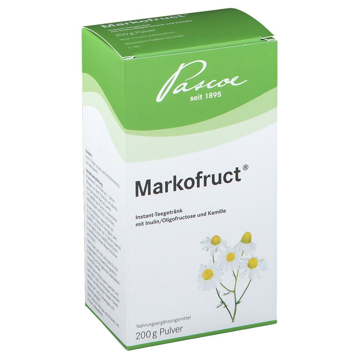 Weiß-grüne Schachtel mit Markofruct®. Aufdruck: Pascoe, seit 1895, Kamillenblüten-Illustration, 200g Pulver.