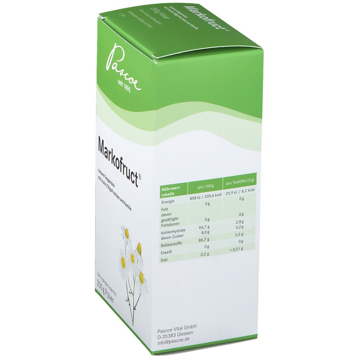 Weiß-grüne Schachtel mit Markofruct®. Aufdruck: Pascoe, seit 1895, Nährwerttabelle, 200g Pulver.