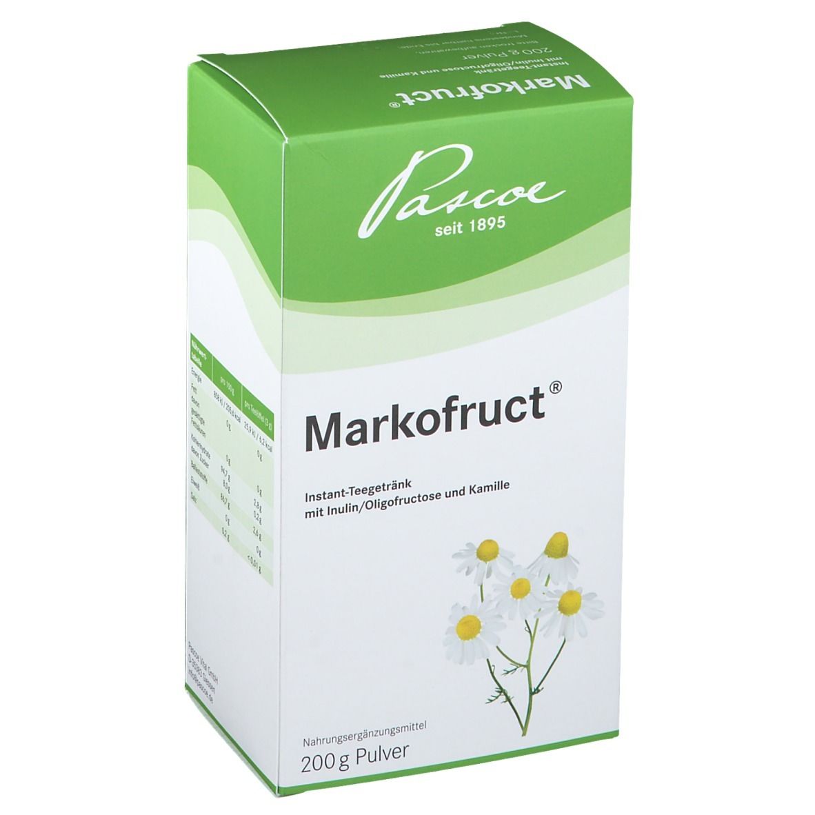 Weiß-grüne Schachtel mit Markofruct®. Aufdruck: Pascoe, seit 1895, Kamillenblüten-Illustration, 200g Pulver.