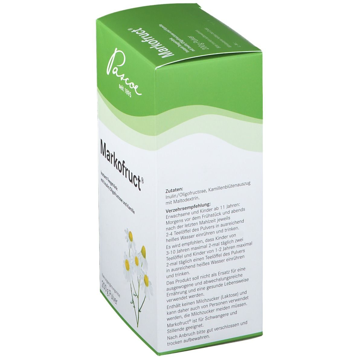 Weiß-grüne Schachtel mit Markofruct®. Aufdruck: Pascoe, seit 1895, Zutaten, Verzehrempfehlung, 200g Pulver.