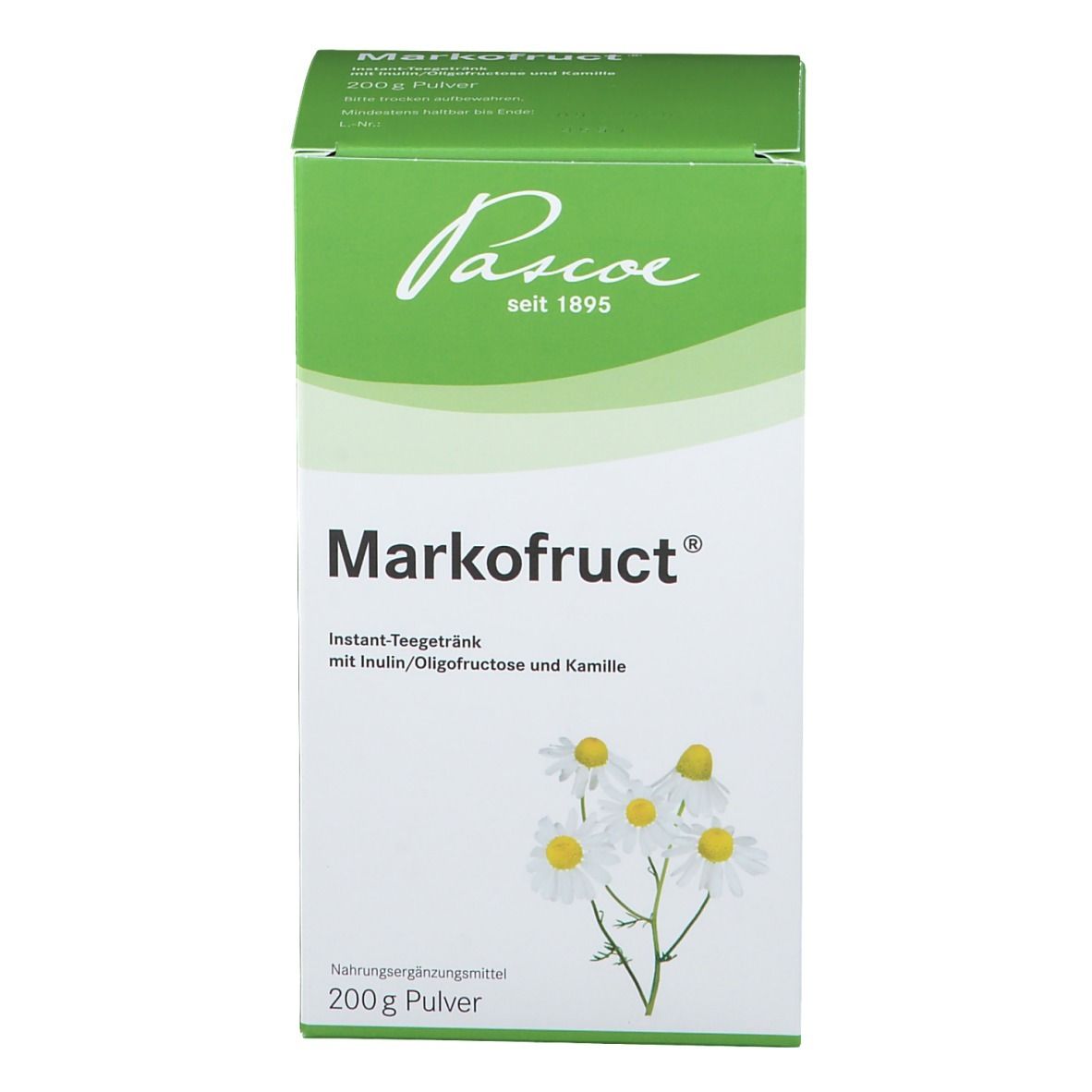 Weiß-grüne Schachtel mit Markofruct®. Aufdruck: Pascoe, seit 1895, Kamillenblüten-Illustration, 200g Pulver.