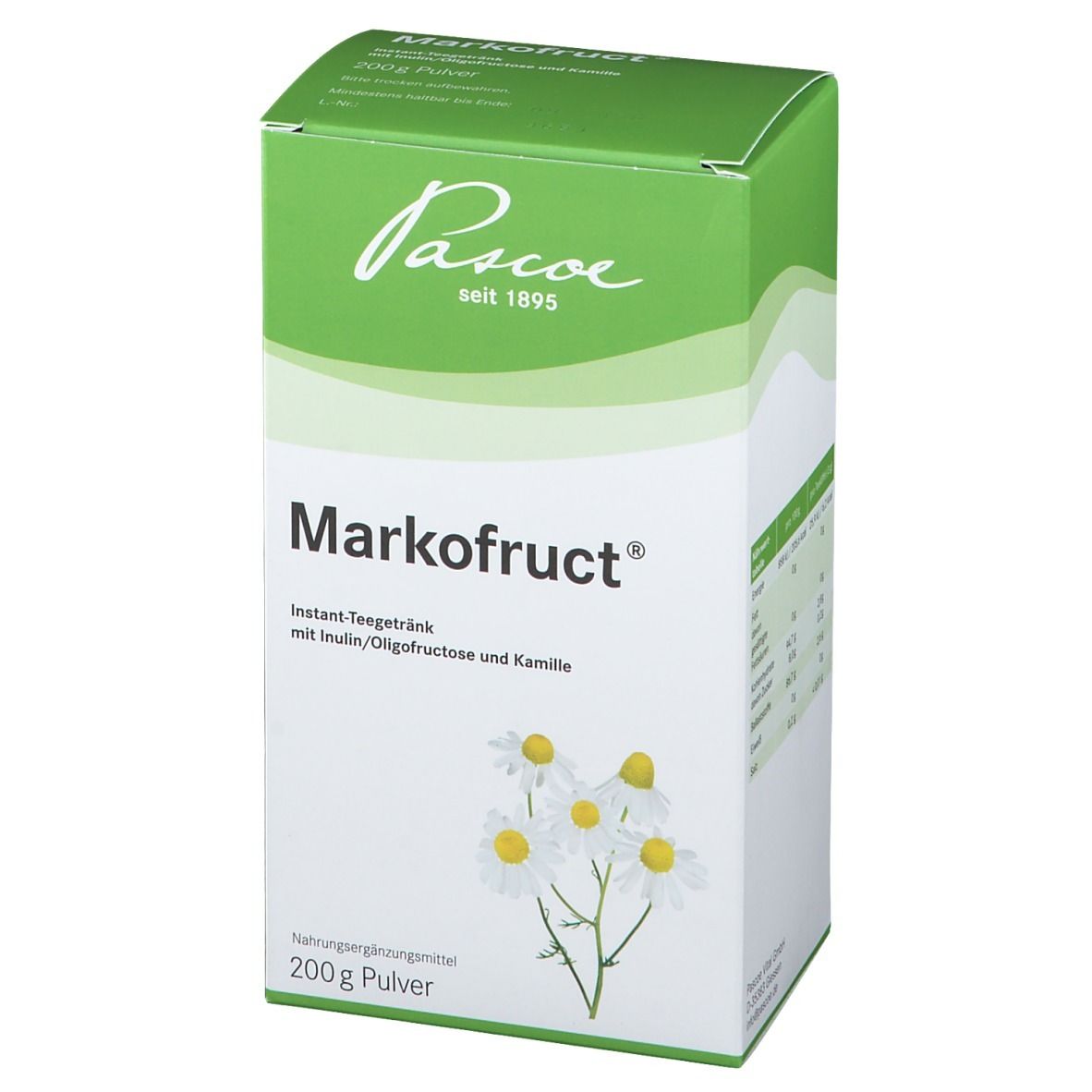 Weiß-grüne Schachtel mit Markofruct®. Aufdruck: Pascoe, seit 1895, Nährwerttabelle, 200g Pulver.