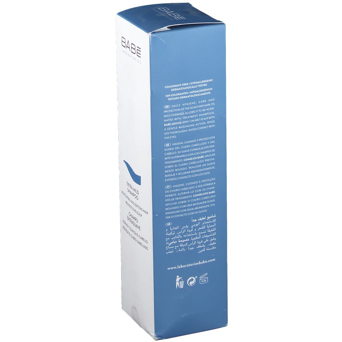 BABÉ Shampoo Extra mild Verpackung. Blaue Seite der Schachtel mit Text. Informationen zur Pflege und Schutz. Logo und Website-Adresse.