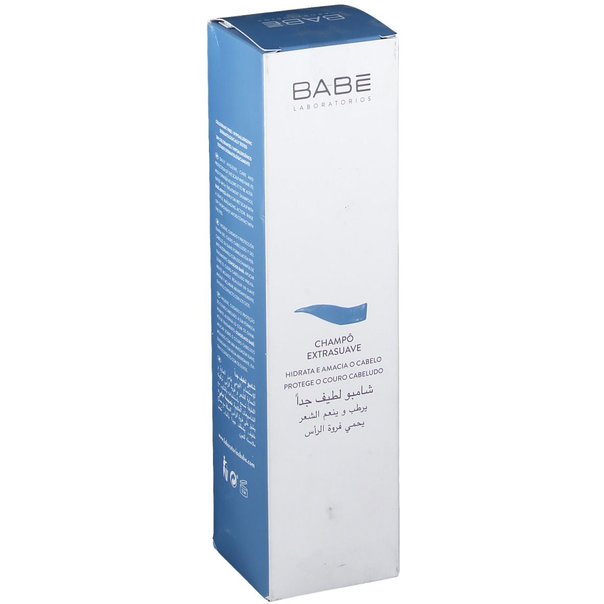 BABÉ Shampoo Extra mild Verpackung. Weiße Vorderseite mit Produktinformationen und Logo. Text: Champú Extrasuave, hydrata y suaviza el cabello.