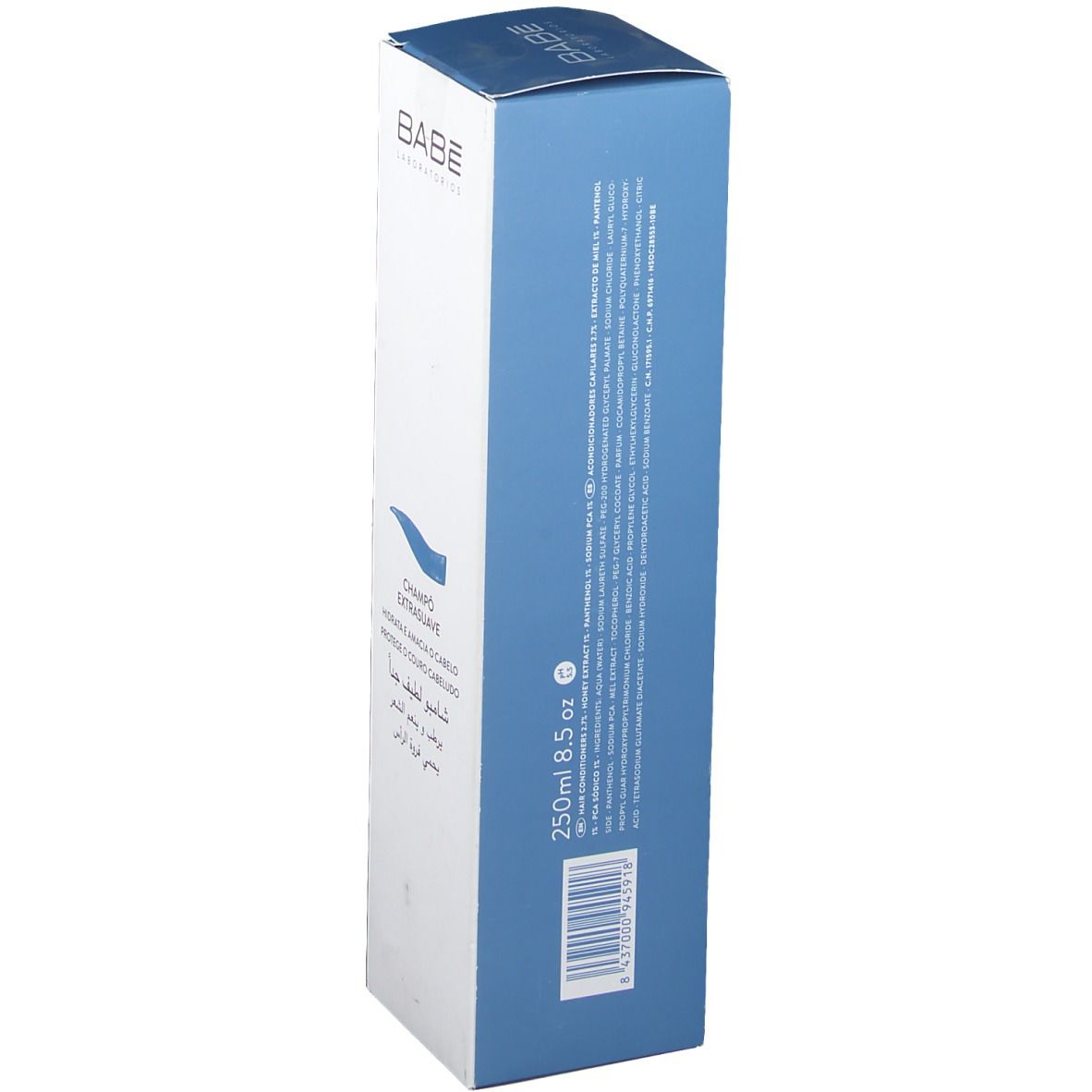 BABÉ Shampoo Extra mild Verpackung. Blaue Seite der Schachtel mit Text und Barcode. Volumen: 250ml/8.5oz. Logo und Website-Adresse.