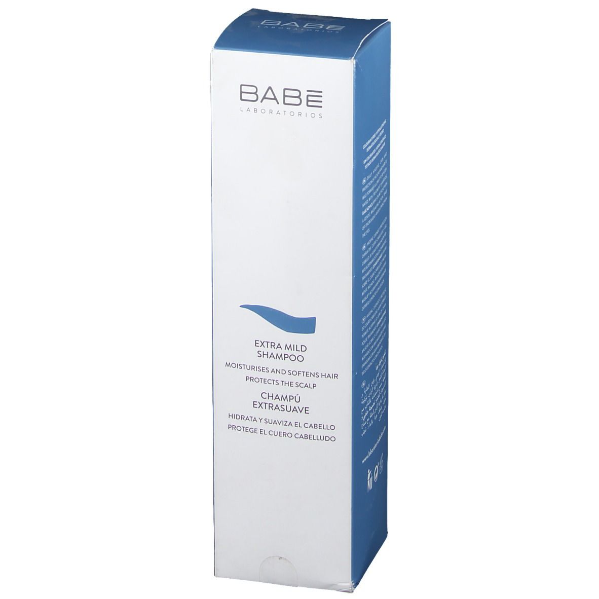 BABÉ Shampoo Extra mild Verpackung. Weiße Vorderseite mit Produktinformationen und Logo. Text: Extra mild Shampoo, schützt die Kopfhaut.