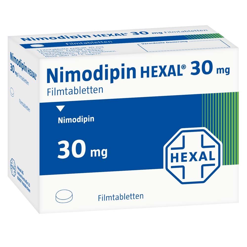 Schachtel mit NIMODIPIN HEXAL 30 mg Filmtabletten. Blaue und weiße Verpackung mit Produktnamen und HEXAL-Logo.