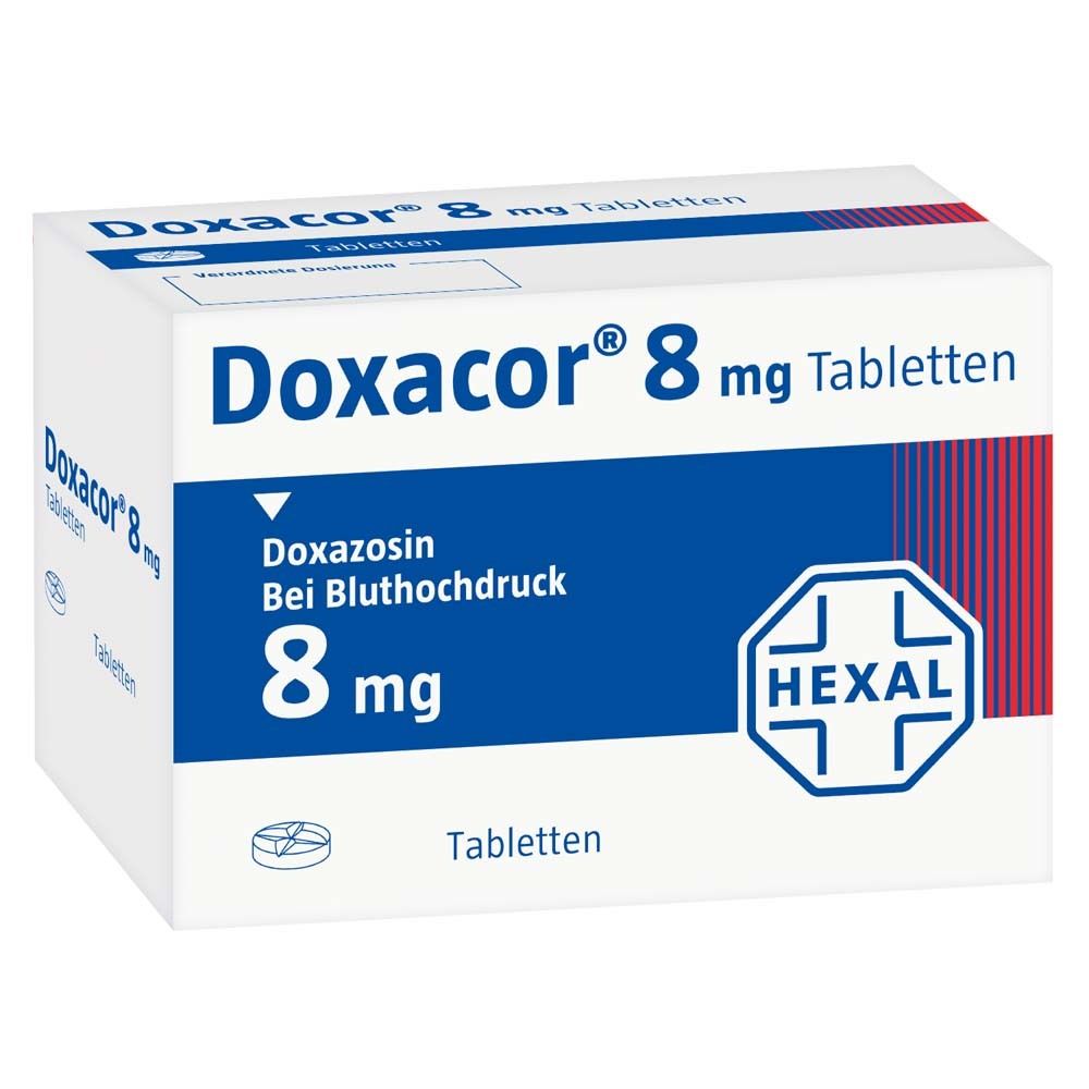 Doxacor® 8 mg Tabletten-Packung. Blaue und weiße Schachtel mit Produktinformationen und HEXAL-Logo.