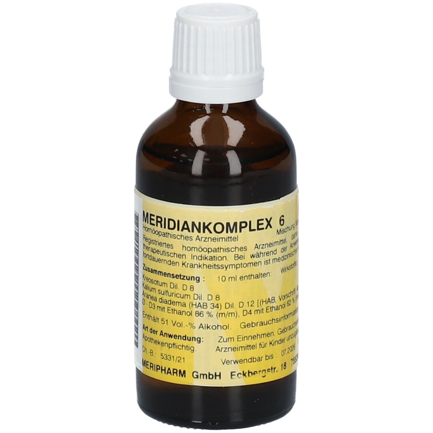 Braune Glasflasche mit weißem Deckel. Etikett mit Produktnamen und Inhaltsangaben. "Meridiankomplex 6".