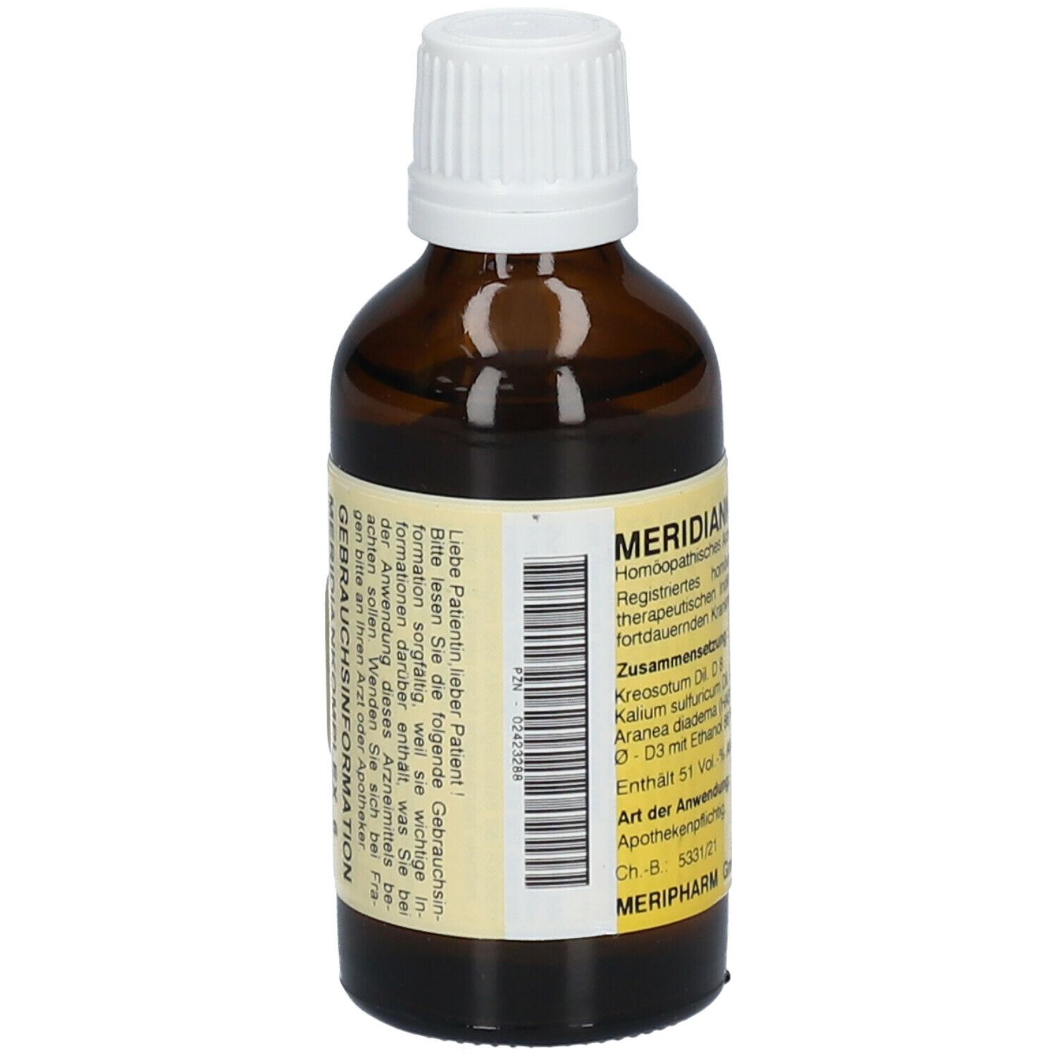 Braune Glasflasche mit weißem Deckel. Etikett mit Text und Barcode. "Meridiankomplex 6".