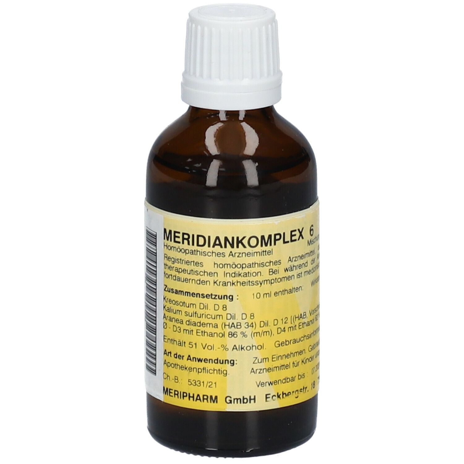 Braune Glasflasche mit weißem Deckel. Etikett mit Produktnamen und Inhaltsangaben. "Meridiankomplex 6".
