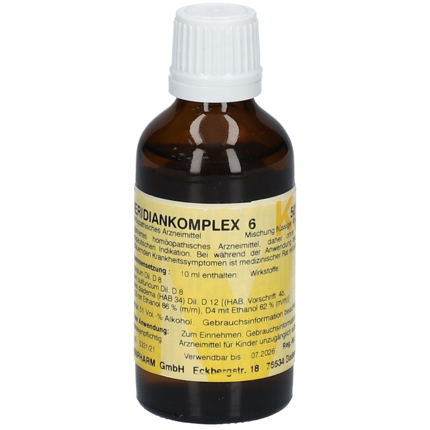 Braune Glasflasche mit weißem Deckel. Etikett mit Produktnamen und Informationen. "Meridiankomplex 6".