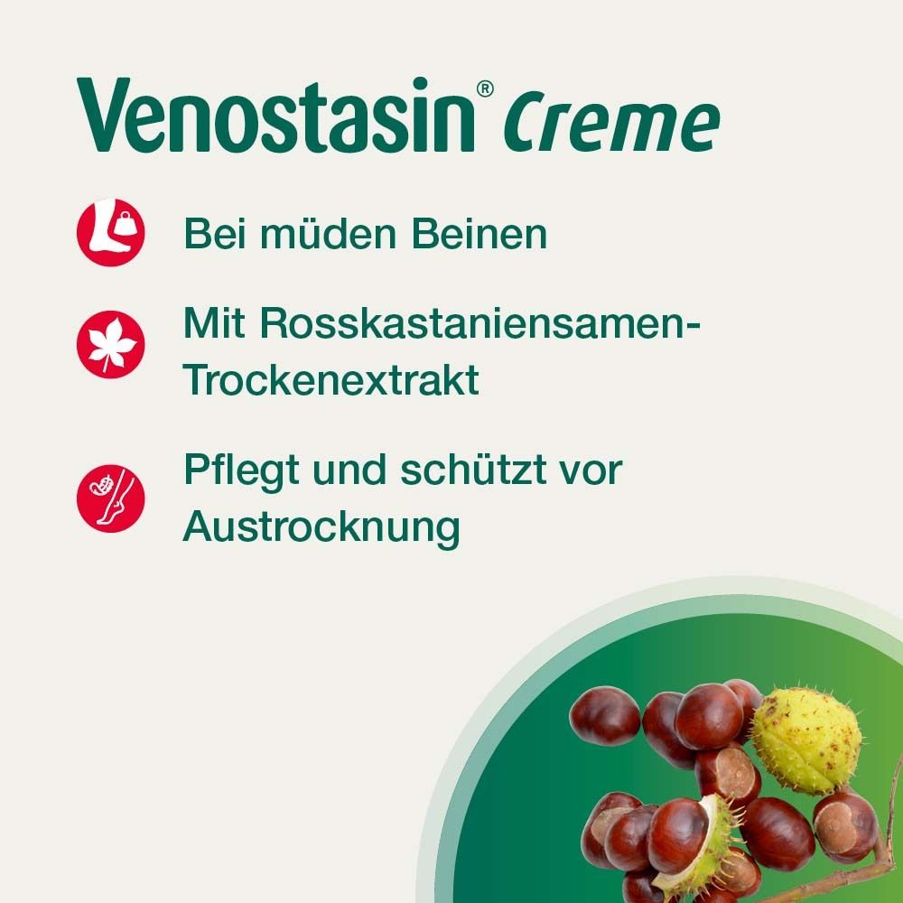 Text auf grünem Hintergrund: Venostasin® Creme. Hilft bei müden Beinen, mit Rosskastanienextrakt.