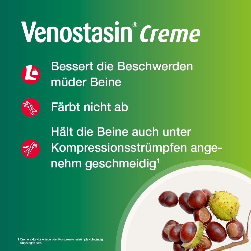 Text auf grünem Hintergrund: Venostasin® Creme. Verbessert müde Beine, färbt nicht ab, geschmeidig unter Kompressionsstrümpfen.