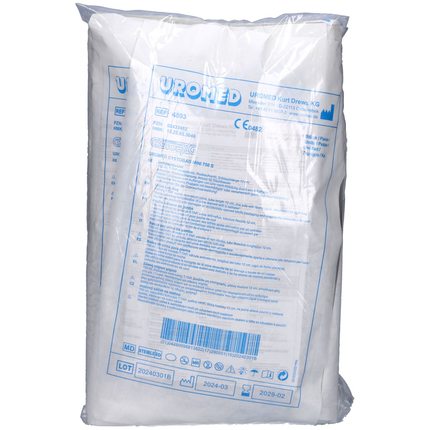 Verpackung mit Produktetikett. Etikett mit Produktname, Chargennummer und Haltbarkeitsdatum. UROMED CYSTOBAG MINI 750 S.