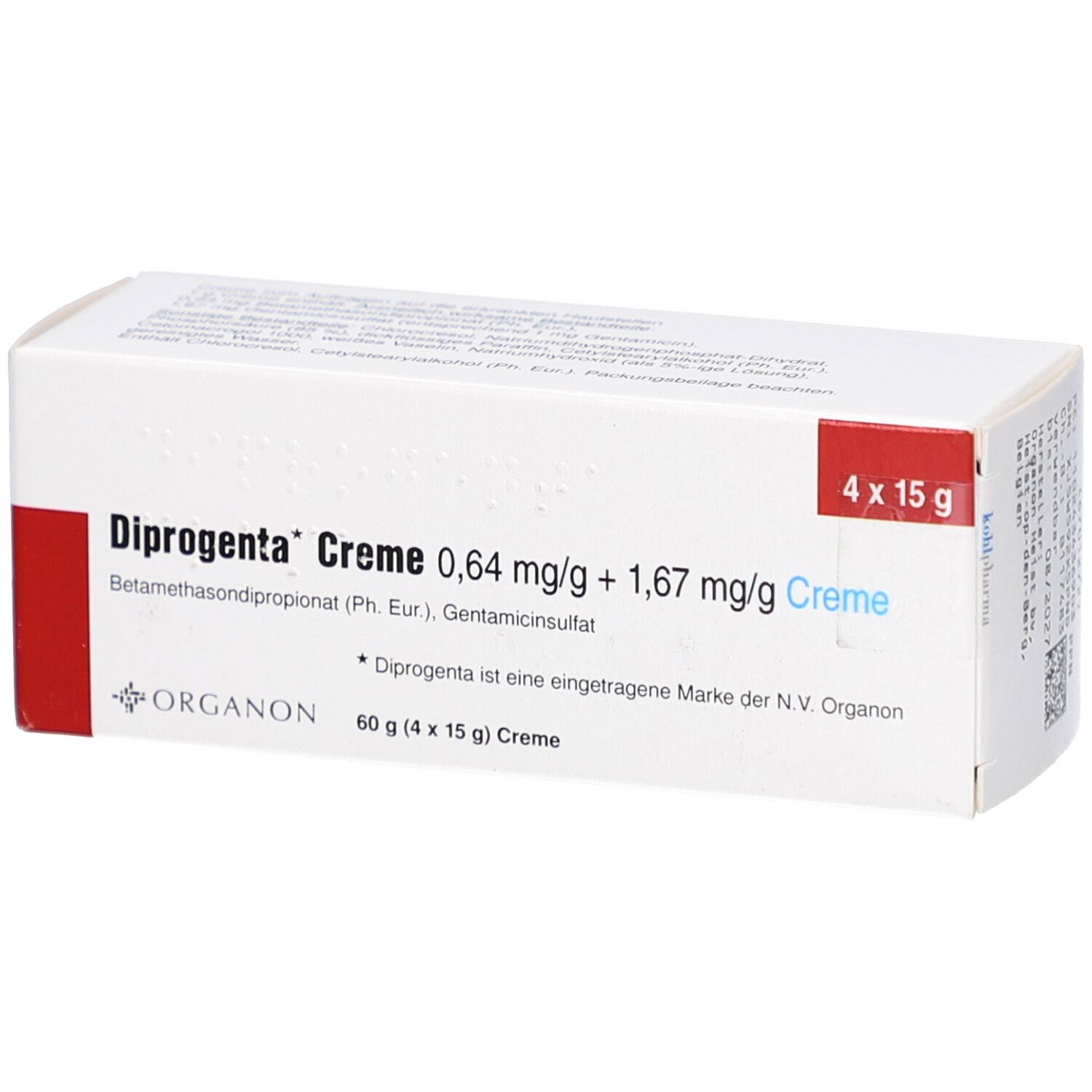 Weiße Faltschachtel mit rotem Akzent. Aufdruck: Diprogenta Creme, 0,64 mg/g + 1,67 mg/g Creme. 4 x 15 g. Organon Logo.
