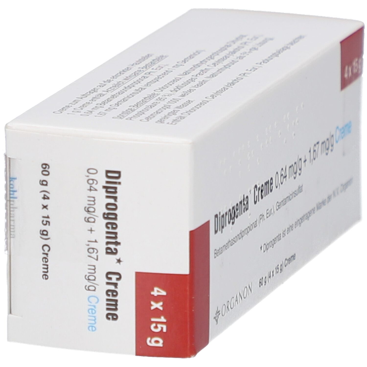 Schachtel schräg von oben. Aufdruck: Diprogenta Creme, 0,64 mg/g + 1,67 mg/g Creme. 4 x 15 g. Organon Logo. Roter Akzent.