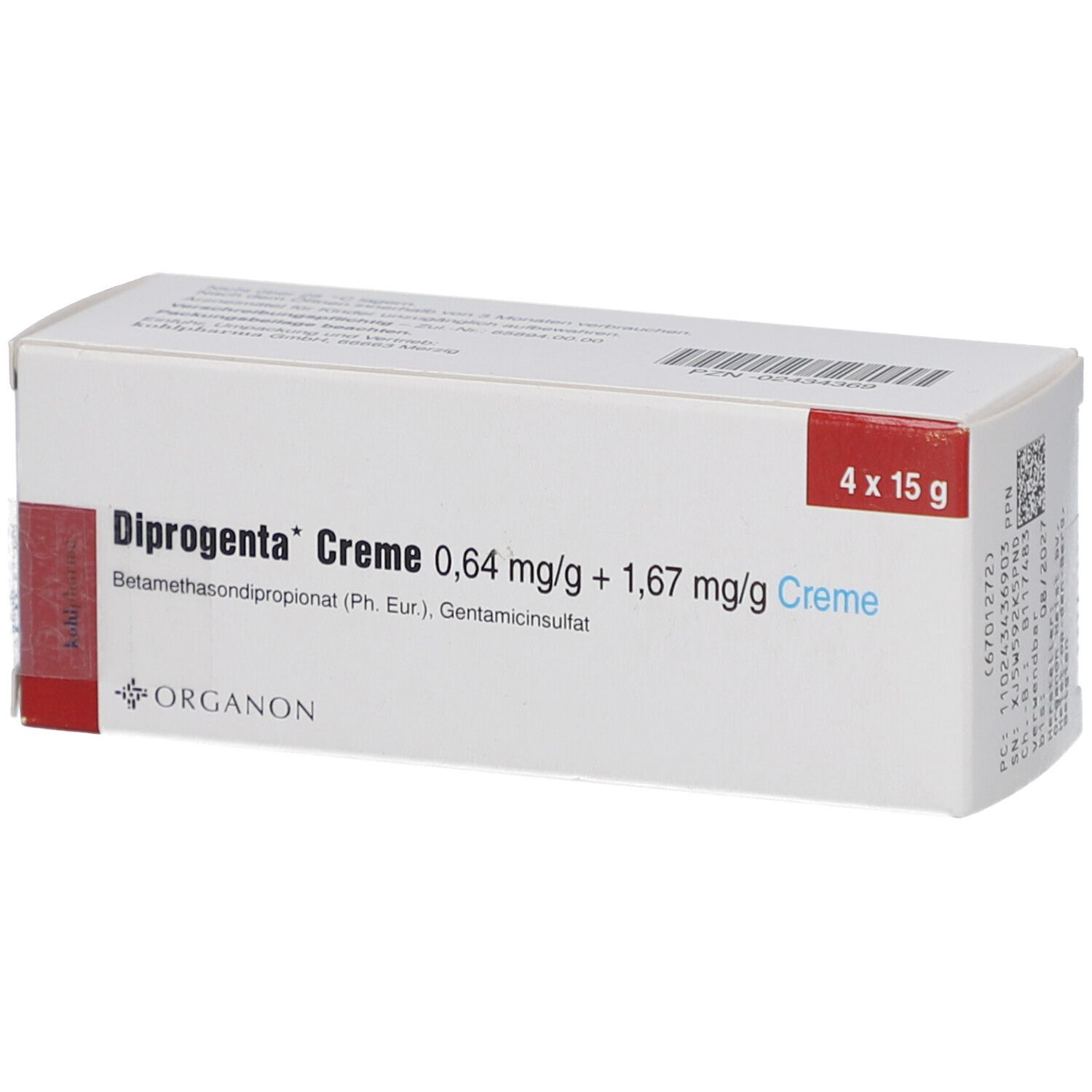 Weiße Faltschachtel mit rotem Akzent. Aufdruck: Diprogenta Creme, 0,64 mg/g + 1,67 mg/g Creme. 4 x 15 g. Organon Logo.
