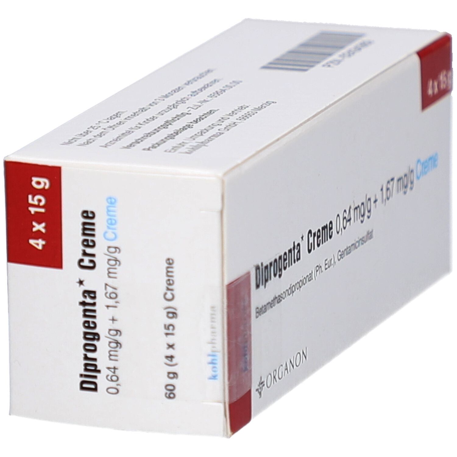 Schachtel schräg von oben. Aufdruck: Diprogenta Creme, 0,64 mg/g + 1,67 mg/g Creme. 4 x 15 g. Organon Logo. Roter Akzent.