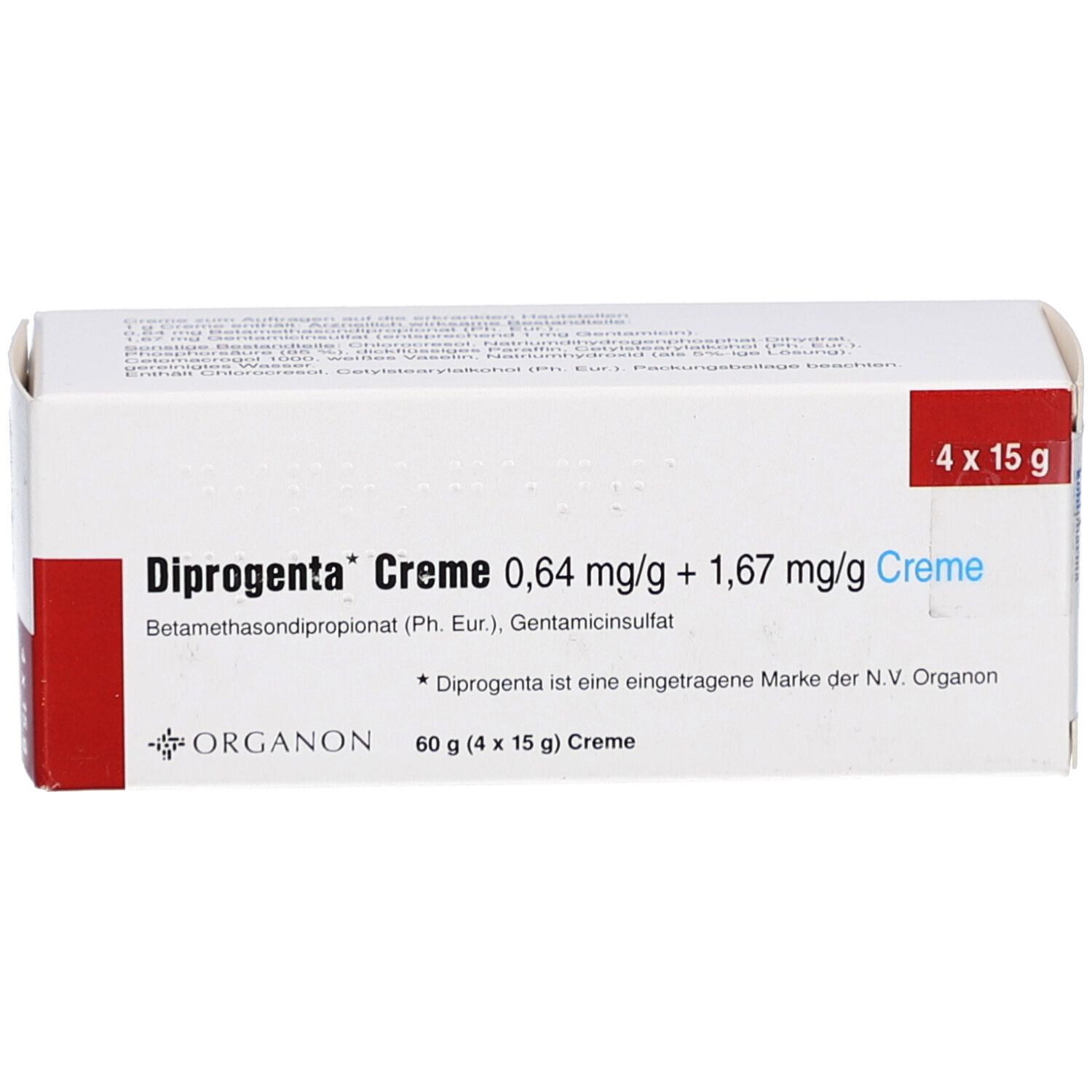 Weiße Faltschachtel mit rotem Akzent. Aufdruck: Diprogenta Creme, 0,64 mg/g + 1,67 mg/g Creme. 4 x 15 g. Organon Logo.