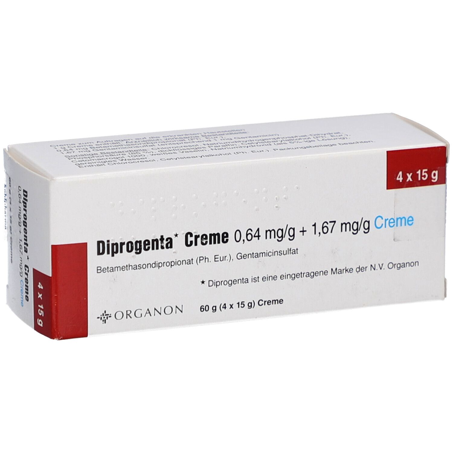 Weiße Faltschachtel mit rotem Akzent. Aufdruck: Diprogenta Creme, 0,64 mg/g + 1,67 mg/g Creme. 4 x 15 g. Organon Logo.