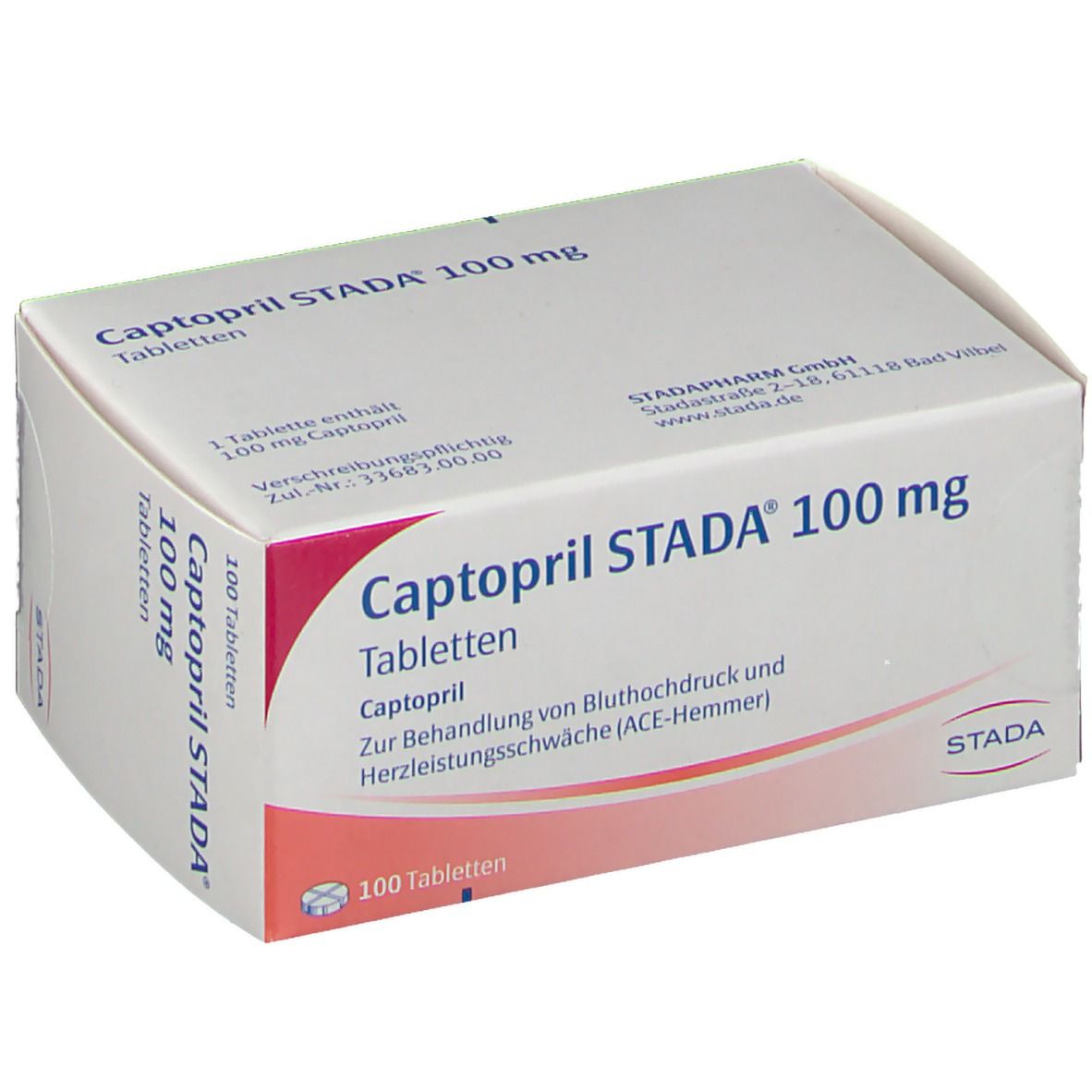 Weiße Schachtel mit Aufschrift Capotopril STADA® 100 mg Tabletten. Enthält 100 Tabletten. Rote und weiße Farbgebung.