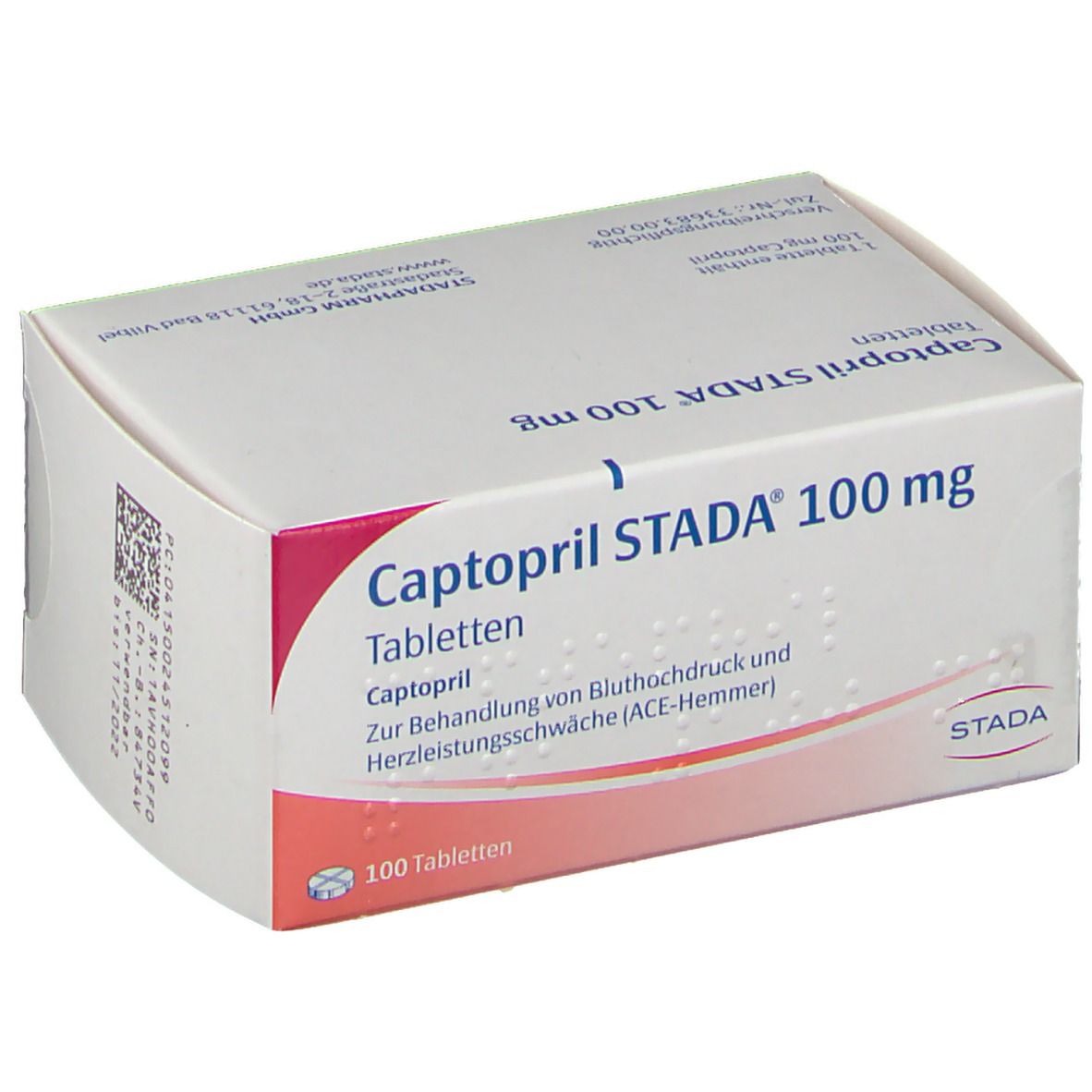Schachtel Capotopril STADA® 100 mg Tabletten. Weiße Verpackung mit rotem Akzent. Produktinformationen und Logo.