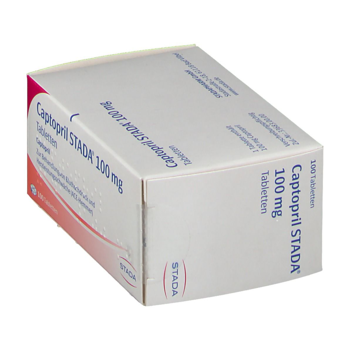 Schachtel Capotopril STADA® 100 mg Tabletten. Weiße Verpackung mit rotem Akzent. Produktinformationen und Logo.