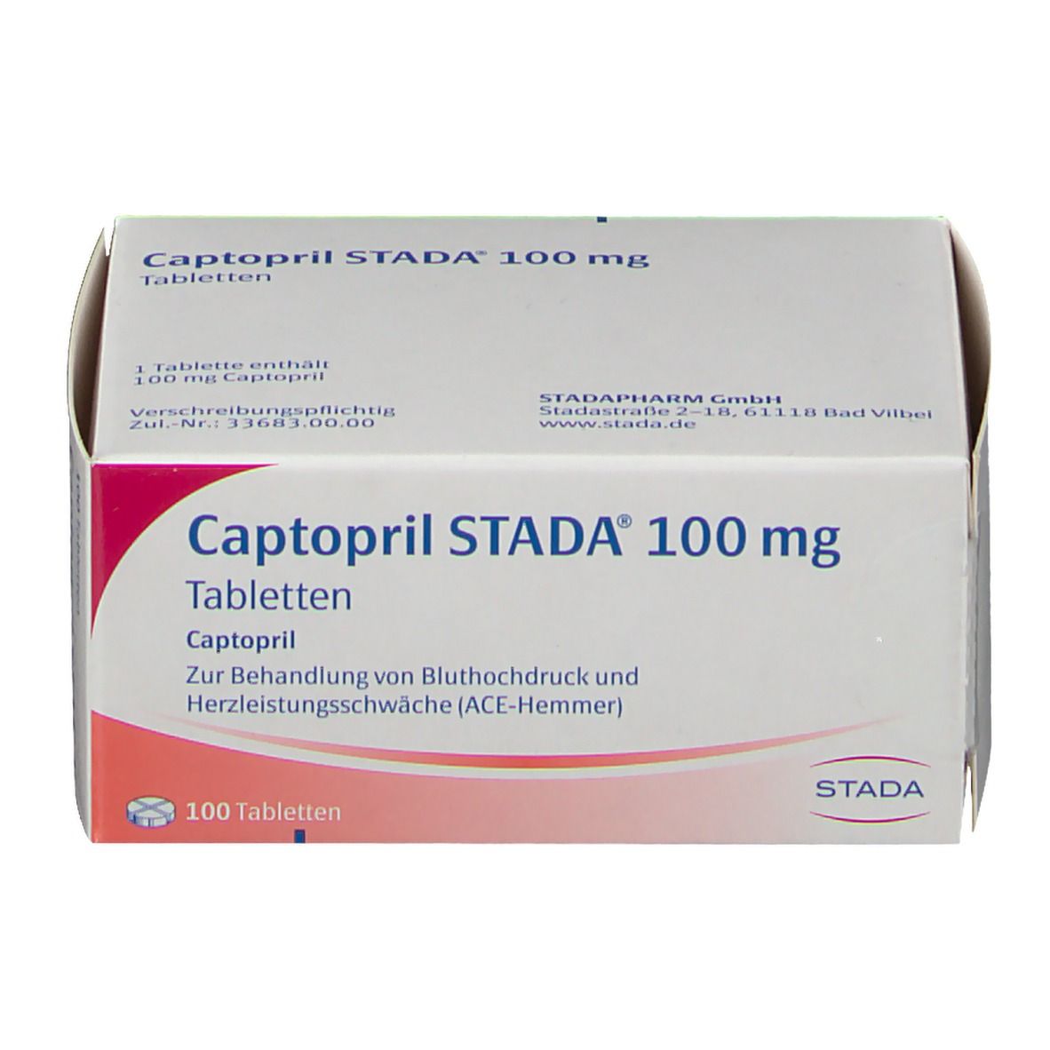 Weiße Schachtel mit Aufschrift Capotopril STADA® 100 mg Tabletten. Enthält 100 Tabletten. Rote und weiße Farbgebung.