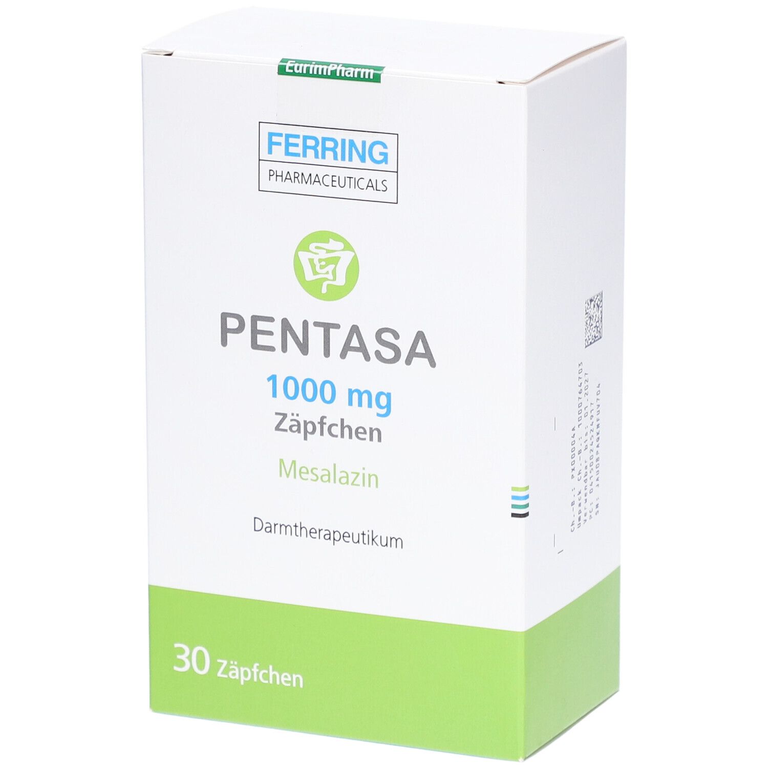 Weiße Schachtel mit grüner Unterseite. Aufschrift: PENTASA 1000 mg Zäpfchen, Mesalazin. 30 Zäpfchen. Ferring Pharmaceuticals.