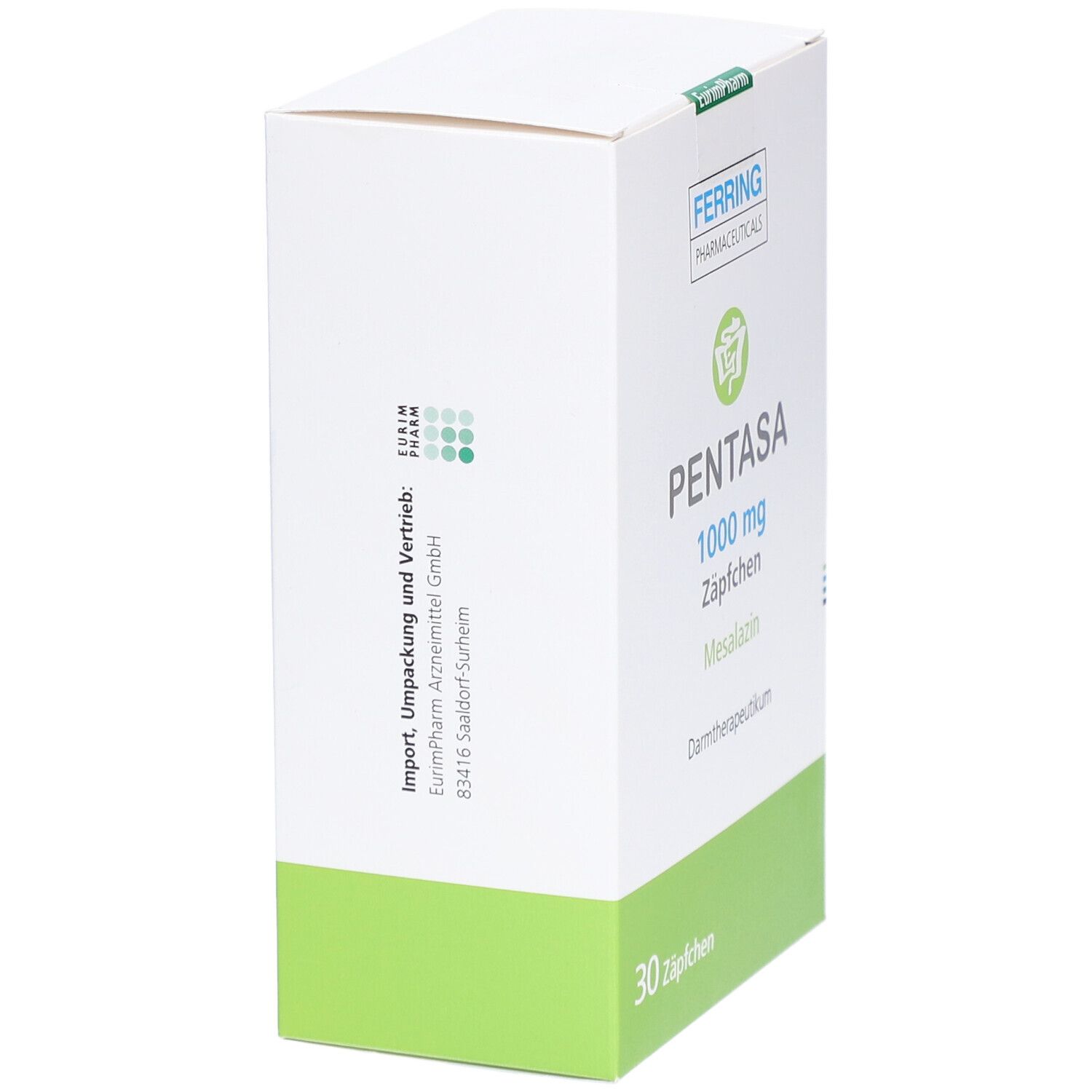 Weiße Schachtel mit grüner Unterseite. Aufschrift: PENTASA 1000 mg Zäpfchen, Mesalazin. 30 Zäpfchen. Ferring Pharmaceuticals.