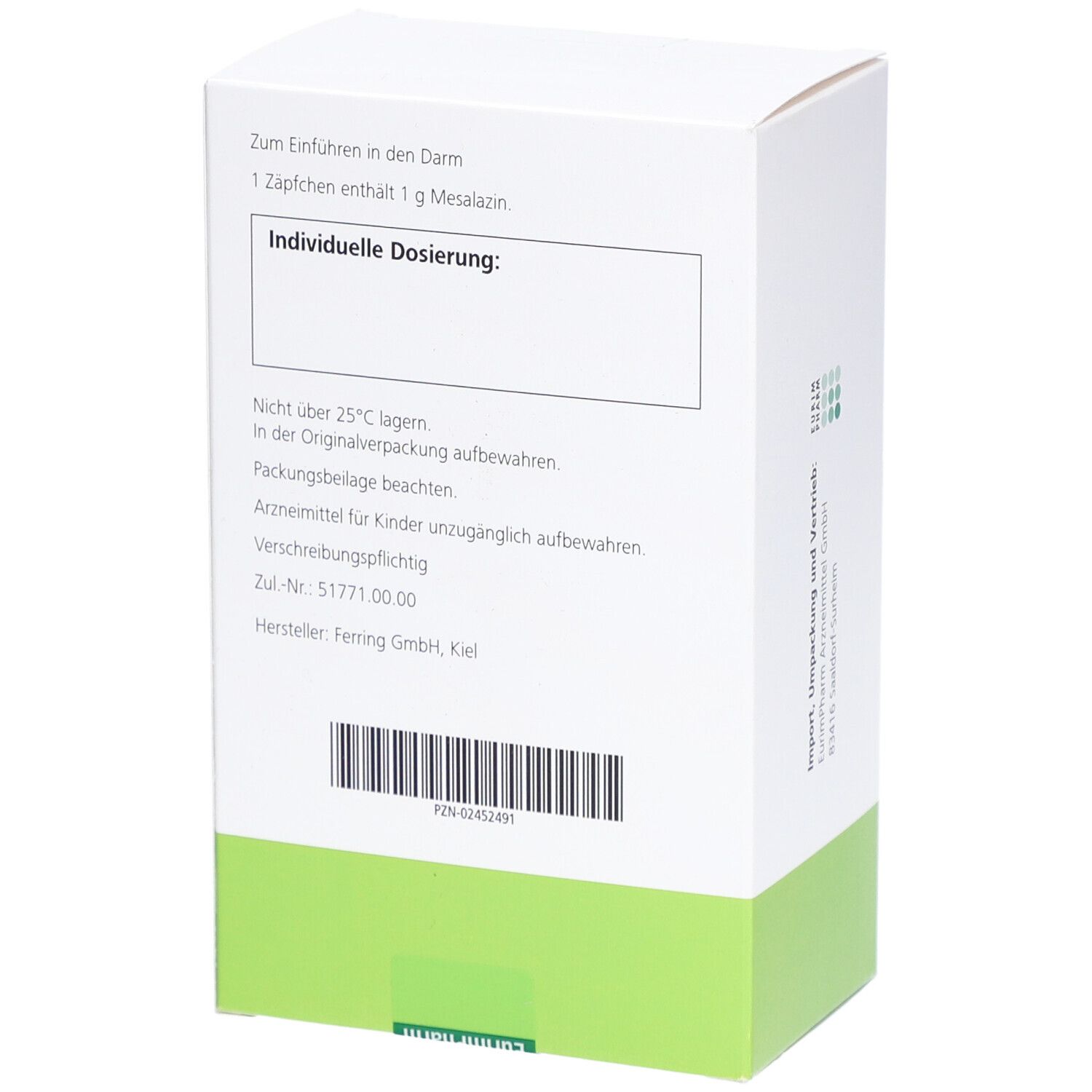 Rückseite der weißen Schachtel. Text: Zum Einführen in den Darm. 1 g Mesalazin. Individuelle Dosierung. Barcode.