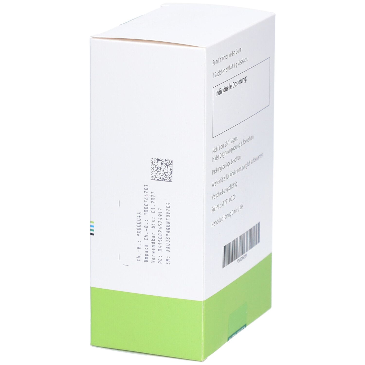 Weiße Schachtel mit grüner Unterseite. Text: Zum Einführen in den Darm. 1 g Mesalazin. Barcode und QR-Code.