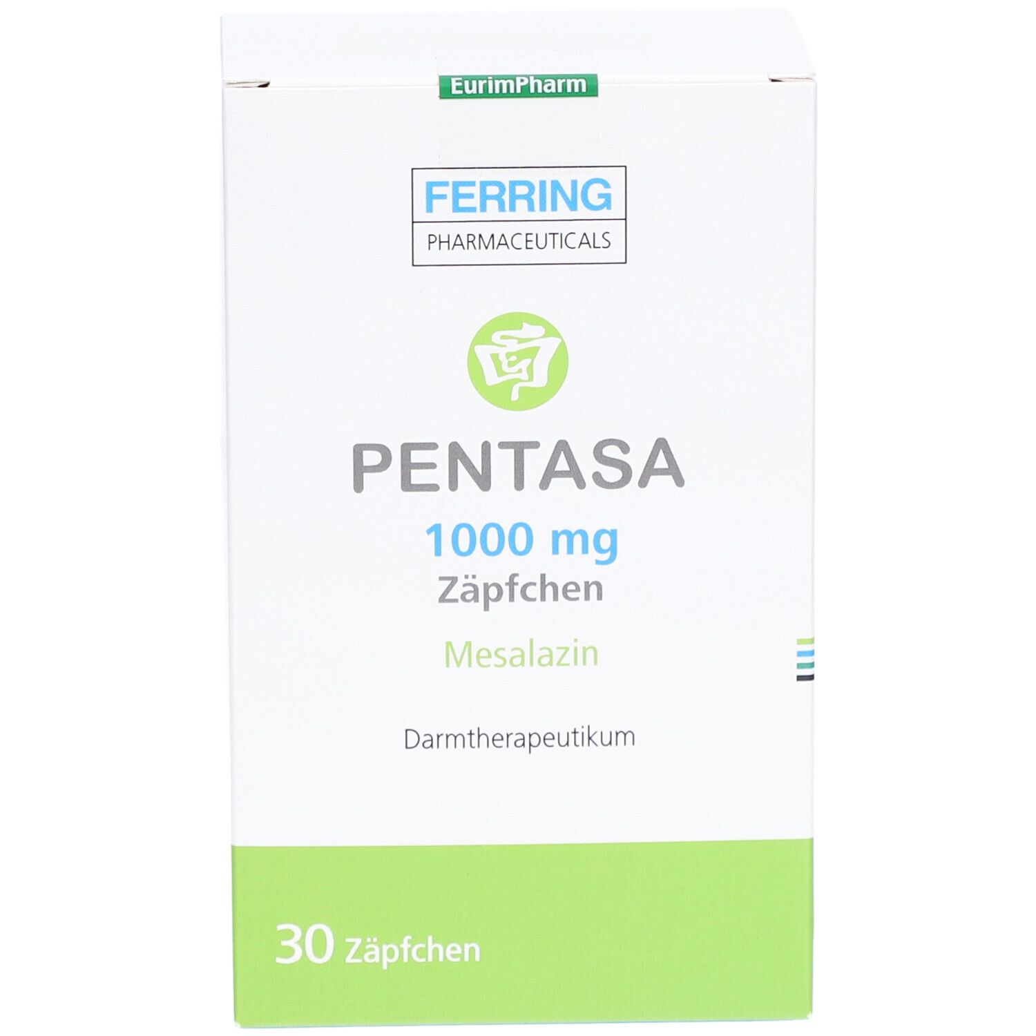 Weiße Schachtel mit grüner Unterseite. Aufschrift: PENTASA 1000 mg Zäpfchen, Mesalazin. 30 Zäpfchen. Ferring Pharmaceuticals.