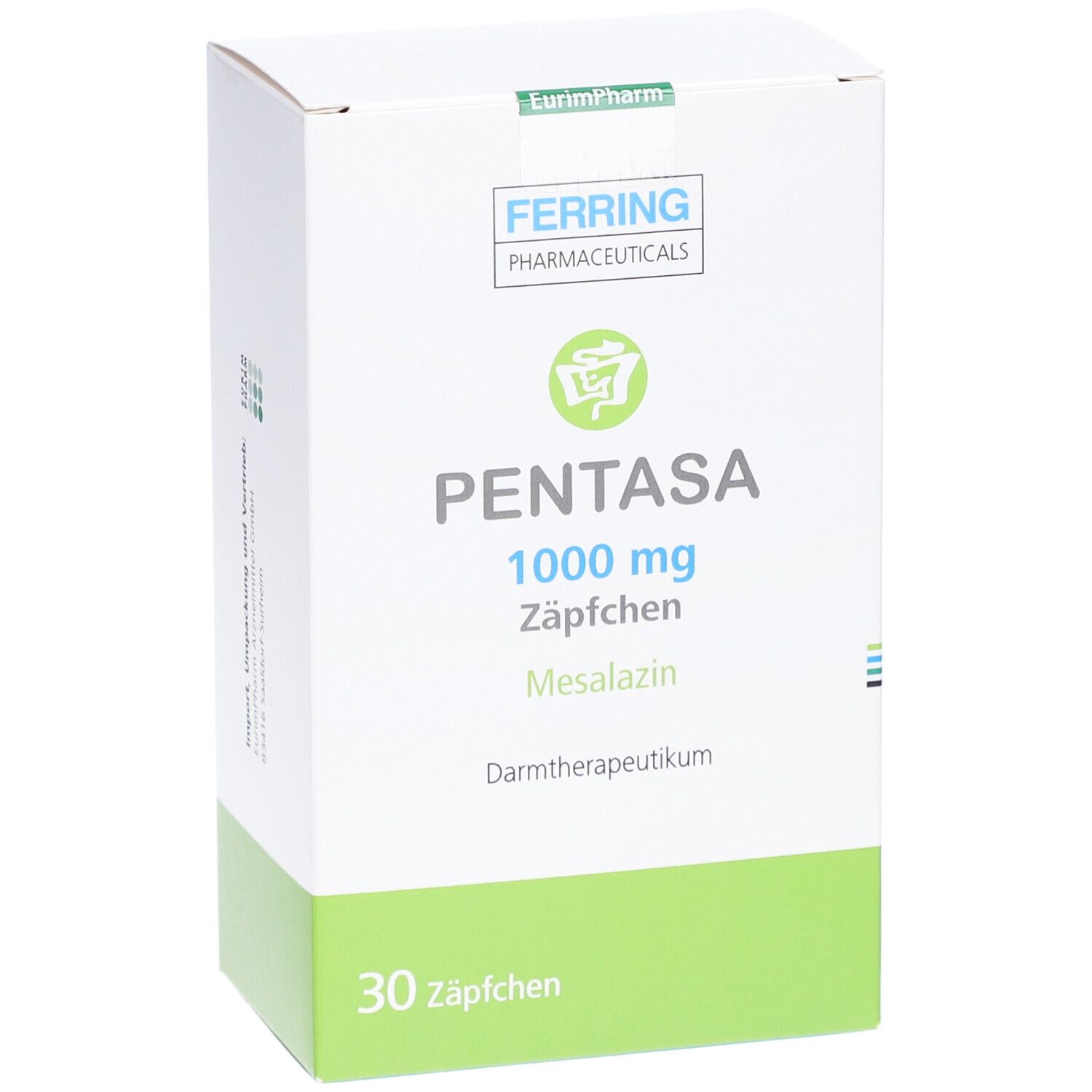 Weiße Schachtel mit grüner Unterseite. Aufschrift: PENTASA 1000 mg Zäpfchen, Mesalazin. 30 Zäpfchen. Ferring Pharmaceuticals.