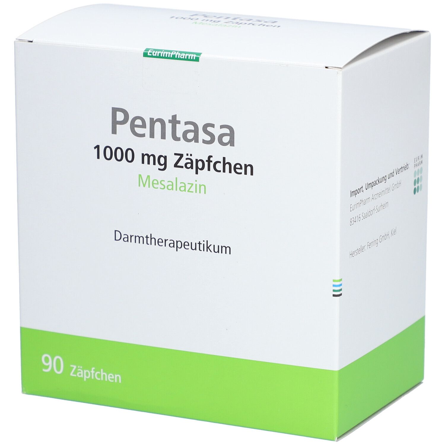 Weiße Kartonverpackung mit grüner Basis. Aufschrift: Pentasa 1000 mg Zäpfchen, Mesalazin. 90 Zäpfchen. Darmtherapeutikum.