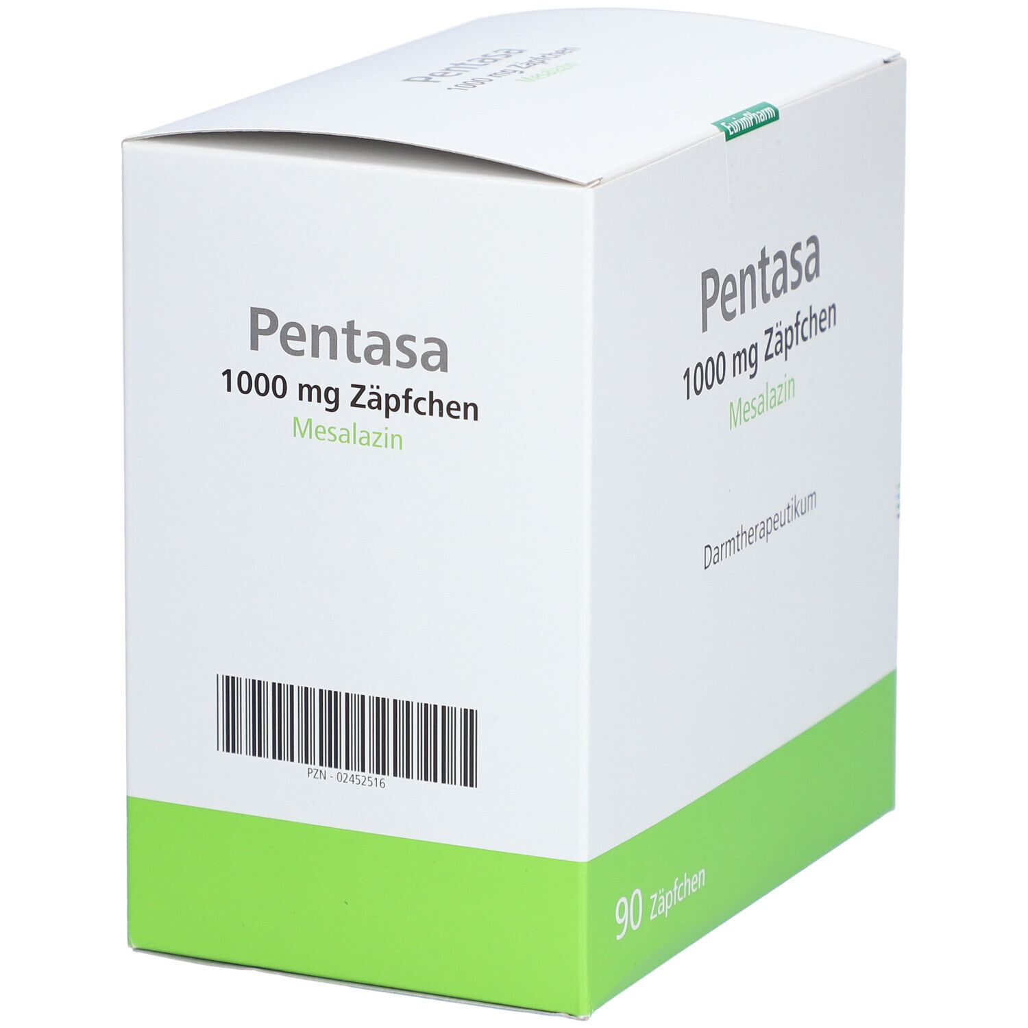 Kartonverpackung, weiß mit grüner Basis. Aufschrift: Pentasa 1000 mg Zäpfchen, Mesalazin. Barcode und 90 Zäpfchen.