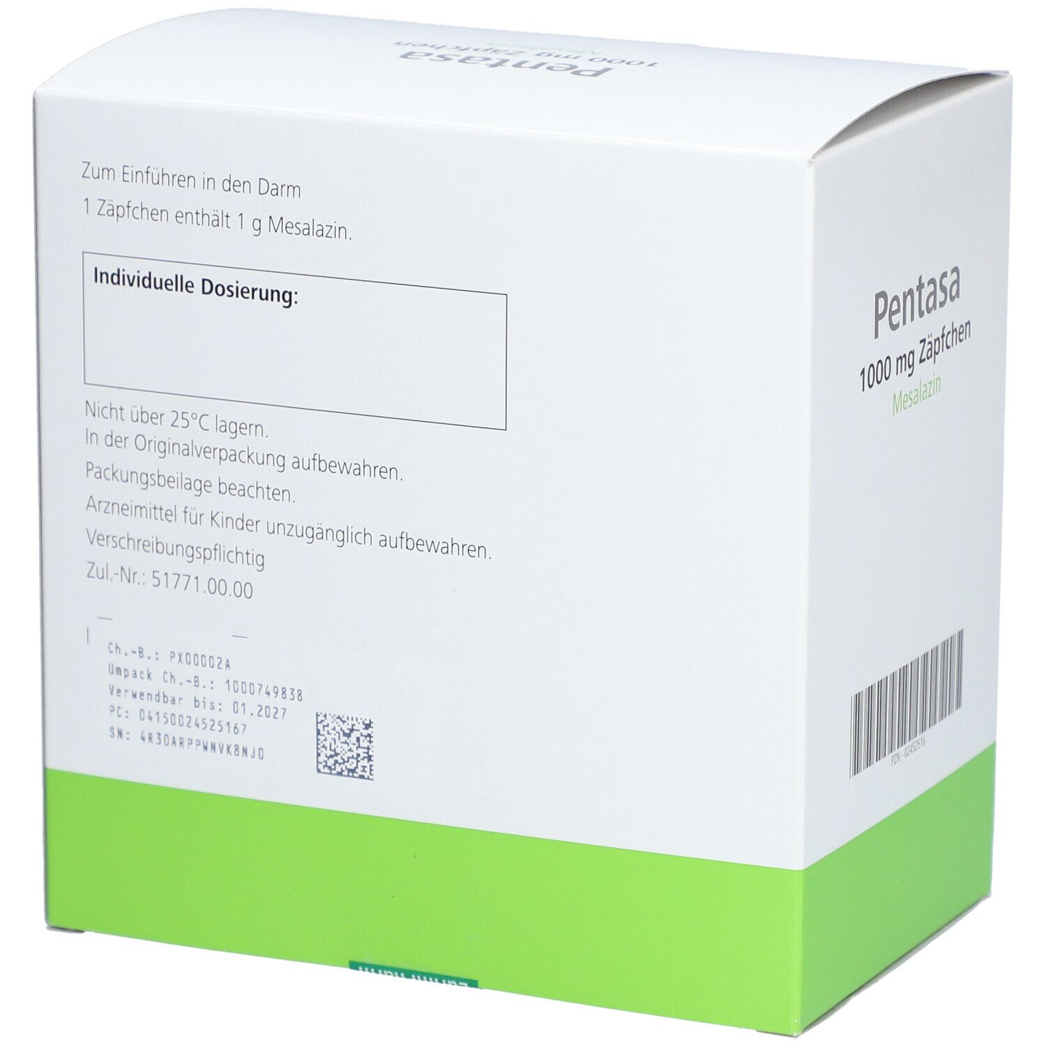 Rückseite der weißen Kartonverpackung. Text: Zum Einführen in den Darm. 1 Zäpfchen enthält 1 g Mesalazin. Individuelle Dosierung. Barcode.