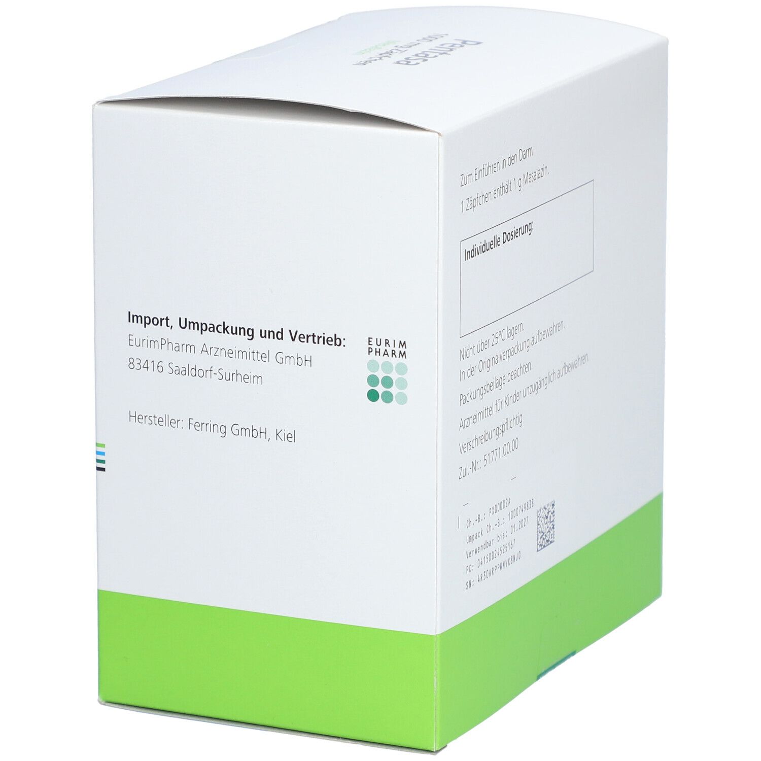 Weiße Kartonverpackung. Text: Import, Umpackung und Vertrieb. Hersteller Ferring GmbH, Kiel. Auf der Seite: EurimPharm Logo.