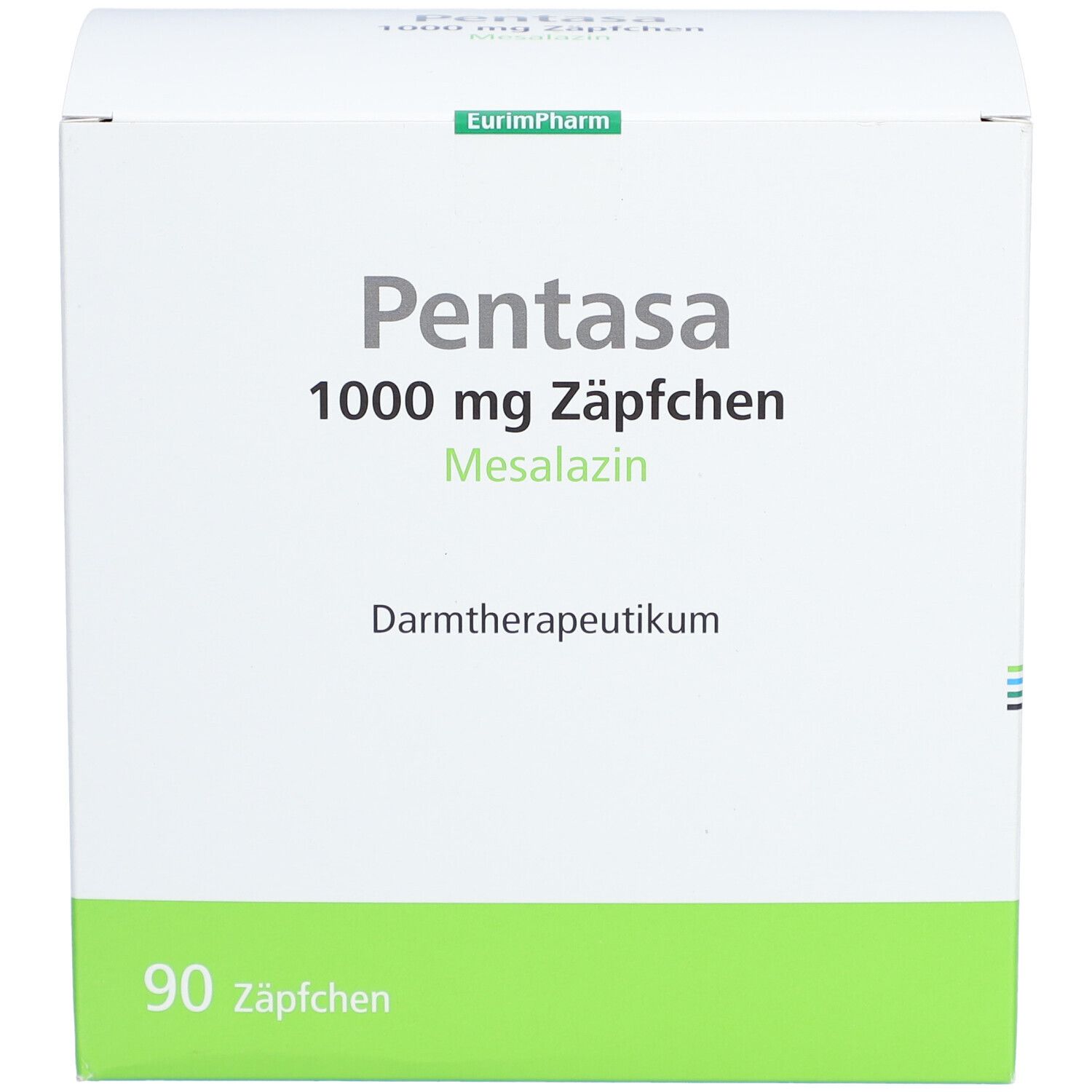 Weiße Kartonverpackung mit grüner Basis. Aufschrift: Pentasa 1000 mg Zäpfchen, Mesalazin. 90 Zäpfchen. Darmtherapeutikum.