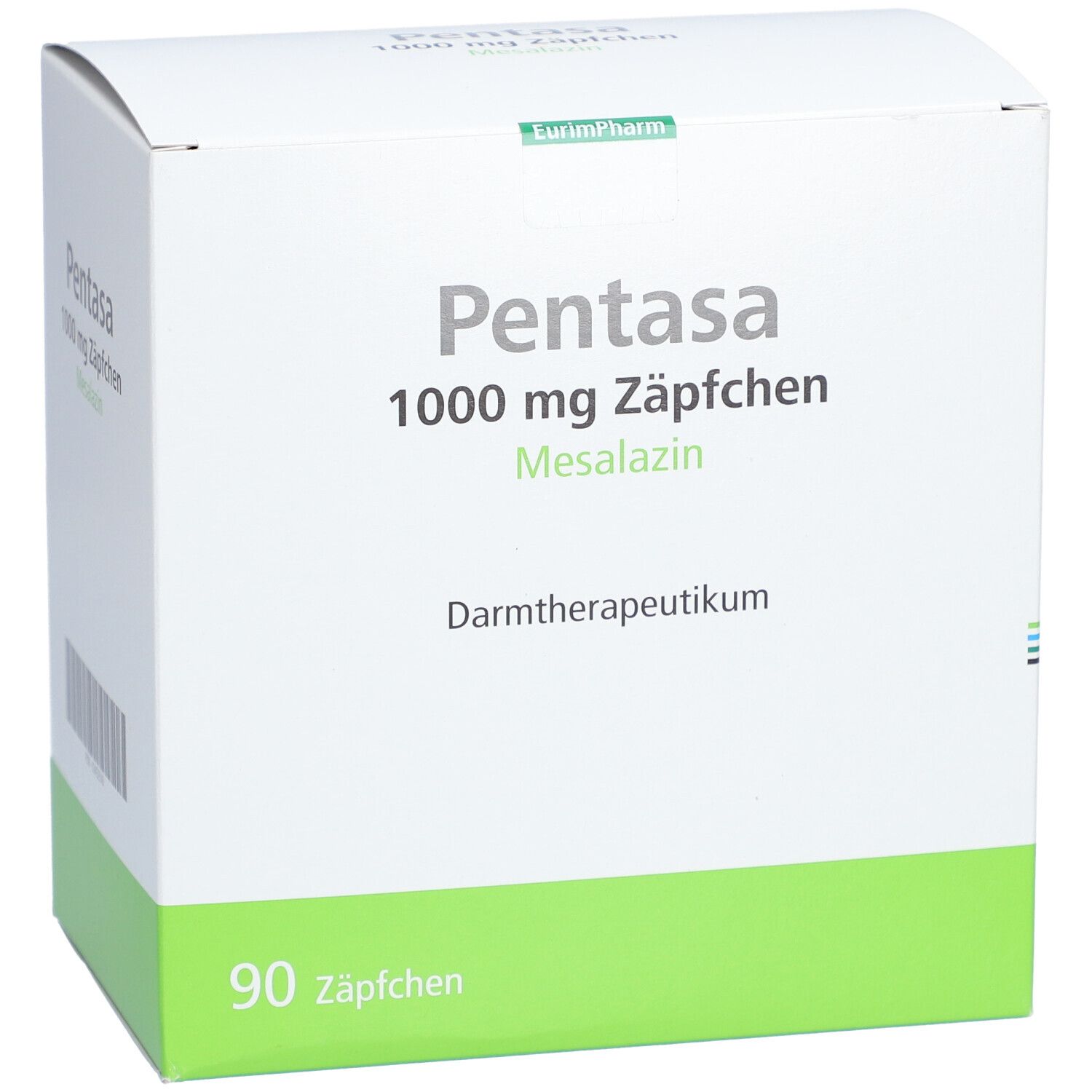 Weiße Kartonverpackung mit grüner Basis. Aufschrift: Pentasa 1000 mg Zäpfchen, Mesalazin. 90 Zäpfchen. Darmtherapeutikum.