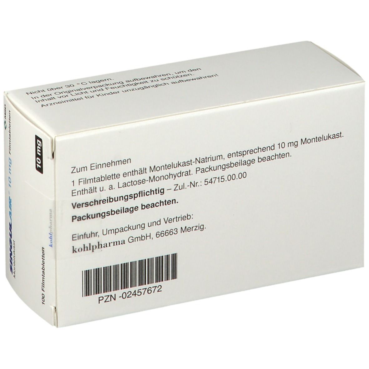 Rückseite der Schachtel Singulair 10 mg Filmtabletten. Text: Zum Einnehmen, Packungsbeilage beachten, Herstellerinformationen.