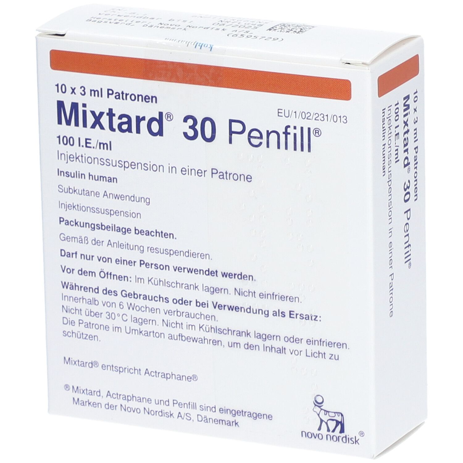 Karton mit Mixtard 30 Penfill. Enthält 10 x 3 ml Patronen. Aufschrift: 100 I.E./ml. Insulin human.