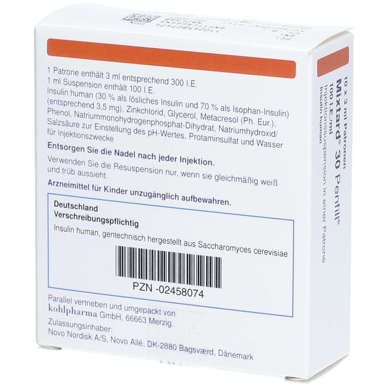 Rückseite des Kartons Mixtard 30 Penfill. Enthält Informationen zu Inhaltsstoffen, Hersteller und PZN-Nummer.