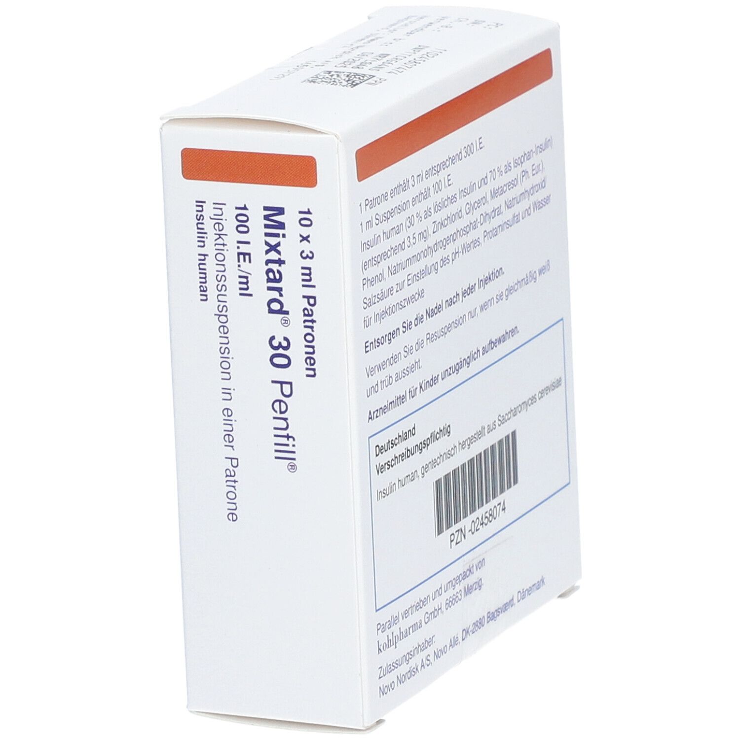 Karton Mixtard 30 Penfill, schräg. Rückseite mit Informationen zu Inhaltsstoffen, Hersteller und PZN-Nummer.