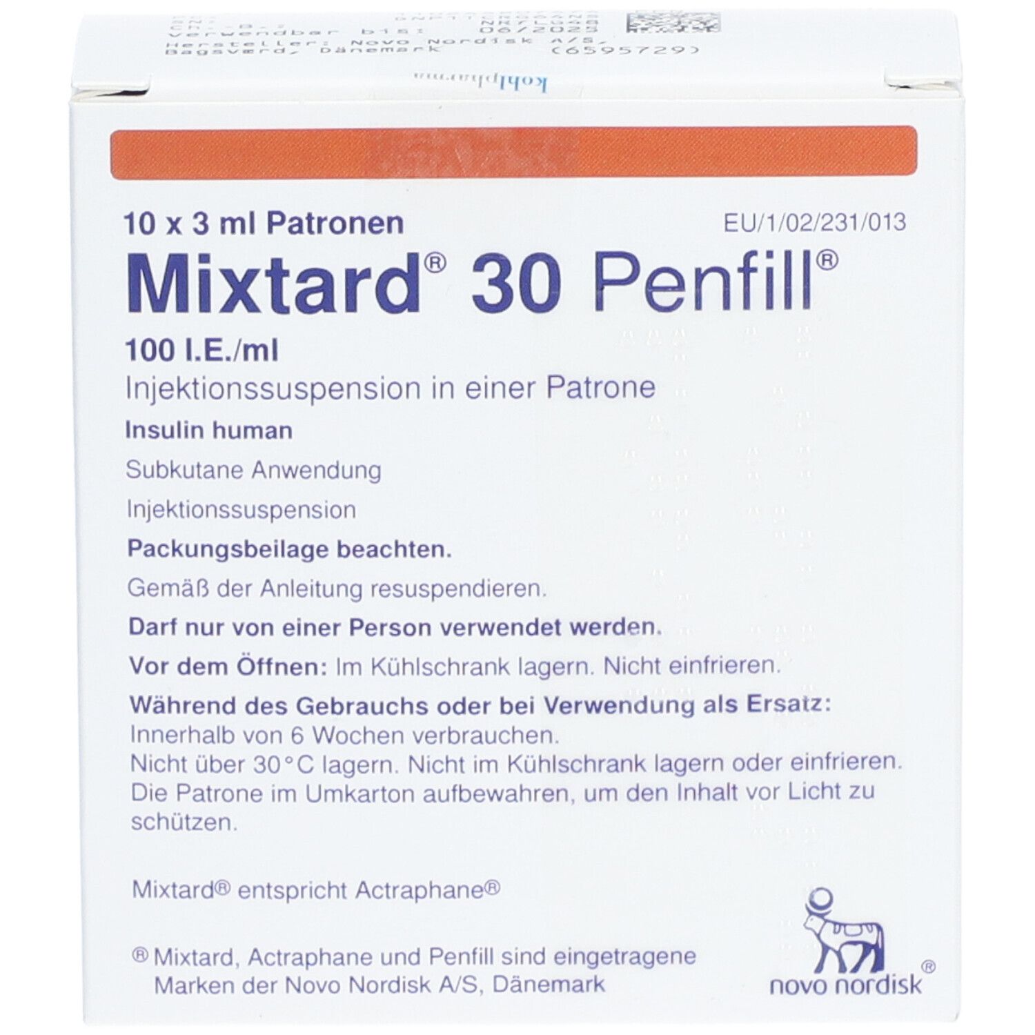 Karton Mixtard 30 Penfill. Aufschrift: 10 x 3 ml Patronen, 100 I.E./ml, Insulin human. EU-Zulassungsnummer.