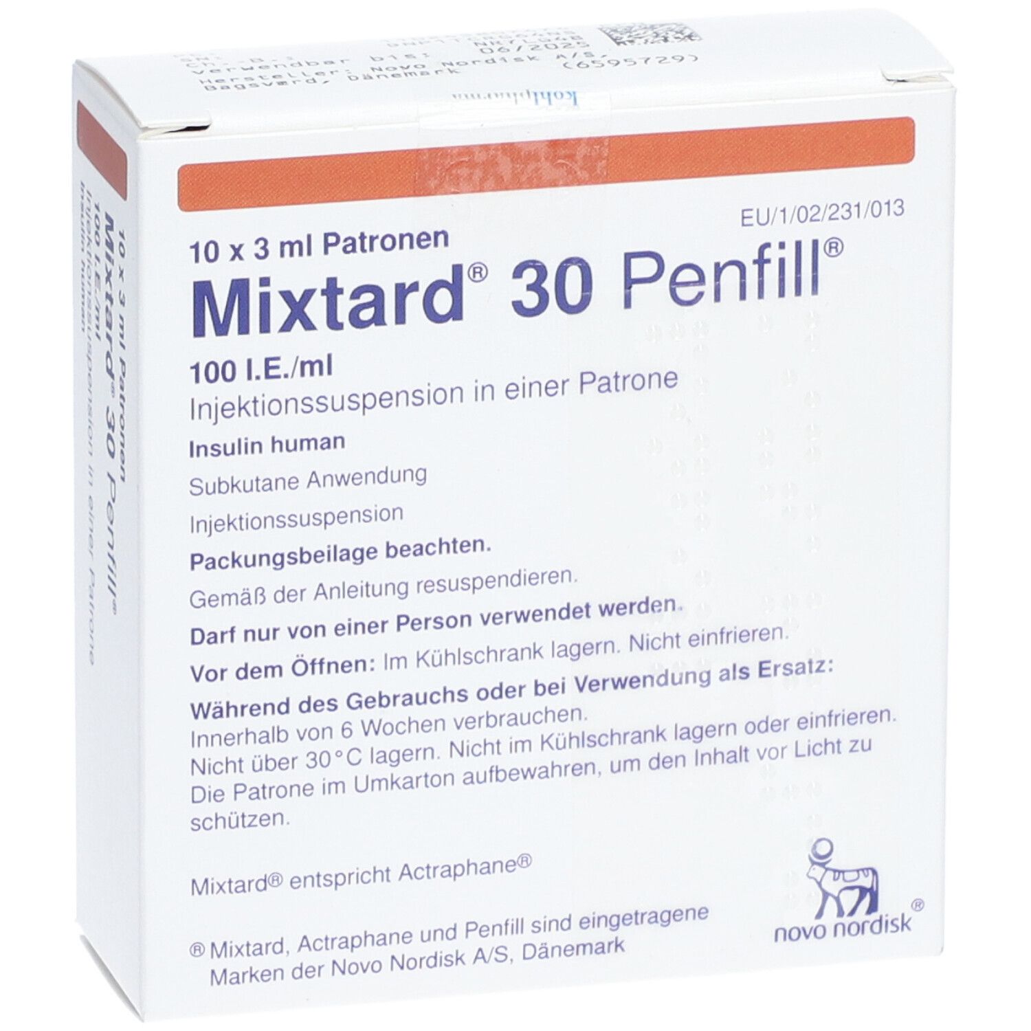 Karton Mixtard 30 Penfill. Aufschrift: 10 x 3 ml Patronen, 100 I.E./ml, Insulin human. EU-Zulassungsnummer.