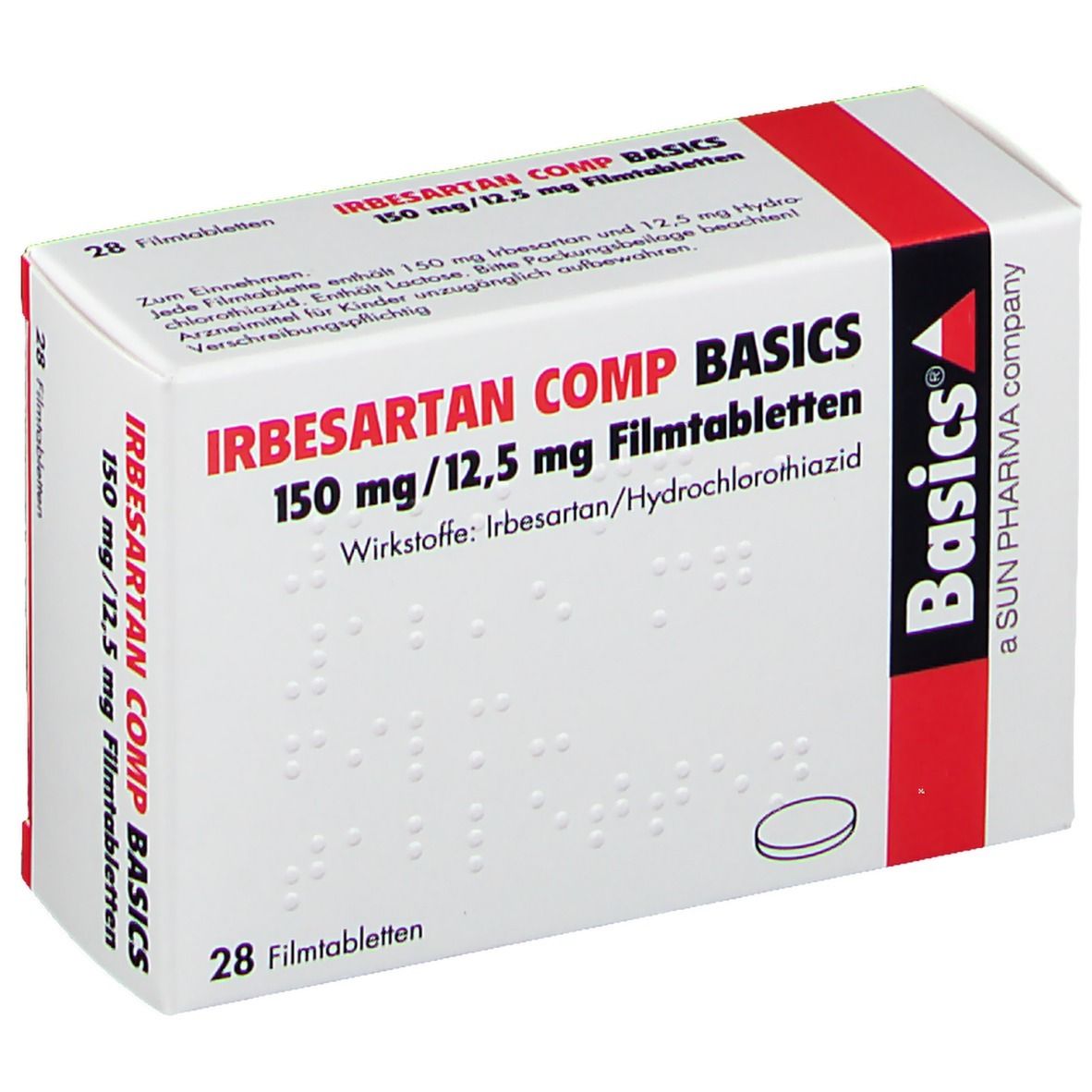 Schachtel mit "IRBESARTAN COMP BASICS 150 mg/12,5 mg Filmtabletten". Aufschrift: 28 Filmtabletten. Basics-Logo.