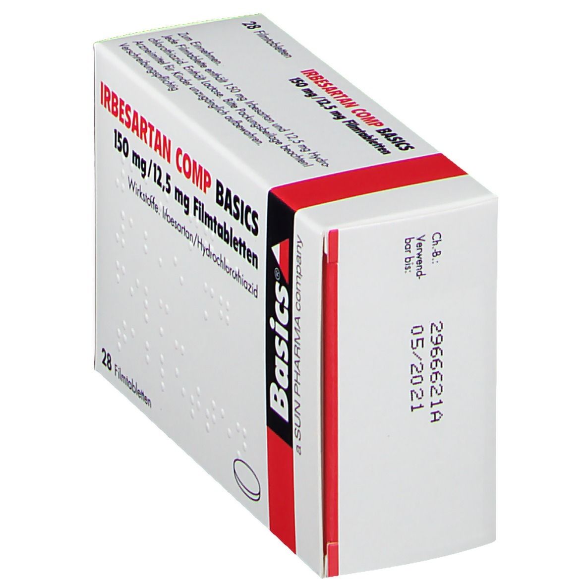 Schachtel "IRBESARTAN COMP BASICS 150 mg/12,5 mg Filmtabletten". Seitenansicht. Basics-Logo. Verfallsdatum 05/2021.