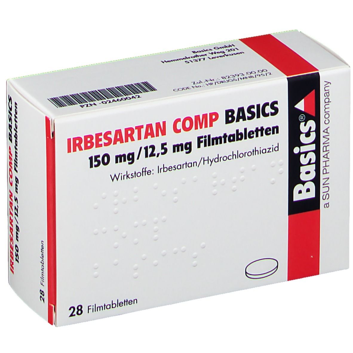 Schachtel "IRBESARTAN COMP BASICS 150 mg/12,5 mg Filmtabletten". Aufschrift: 28 Filmtabletten. Basics-Logo.